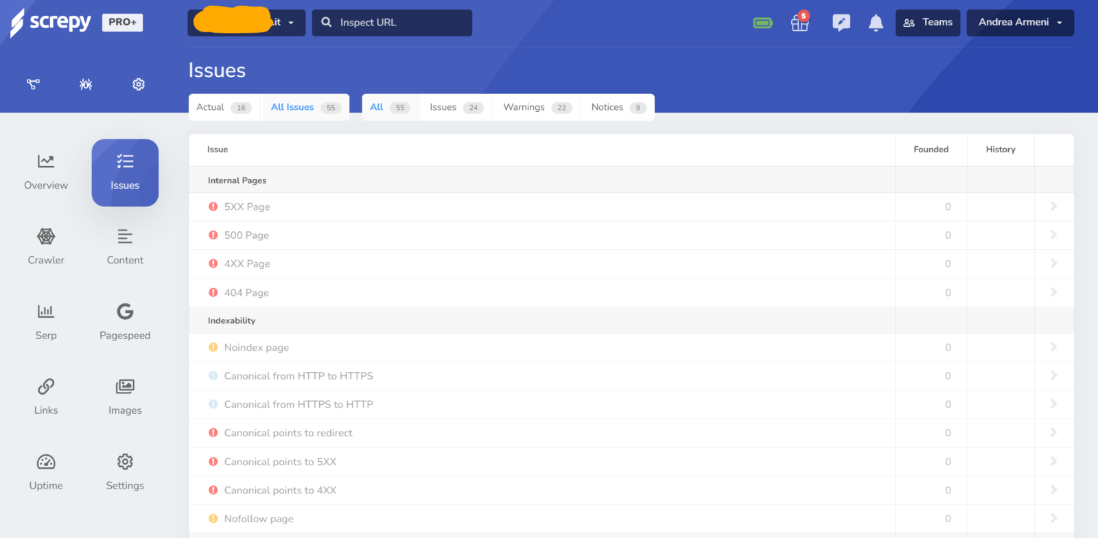 Dashboard di Screpy mostrano varie metriche SEO