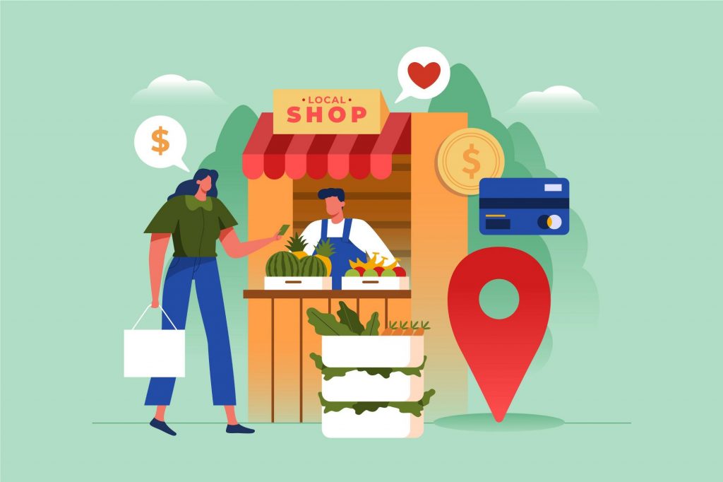 Illustrazione di una donna che fa acquisti presso uno stand trovato grazie al marketing locale, con icone per denaro, amore e posizione.