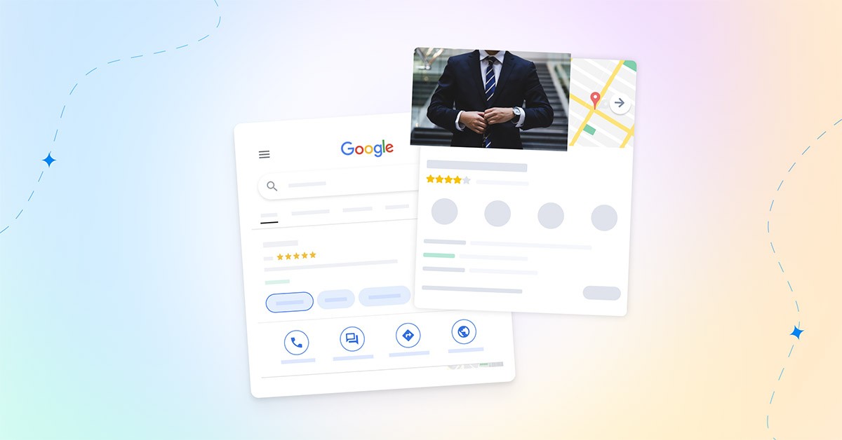 Una composizione grafica che presenta l'interfaccia di un motore di ricerca su un laptop con valutazioni in stelle ed elementi di feedback degli utenti insieme all'immagine di un uomo in abito che si aggiusta i gemelli.