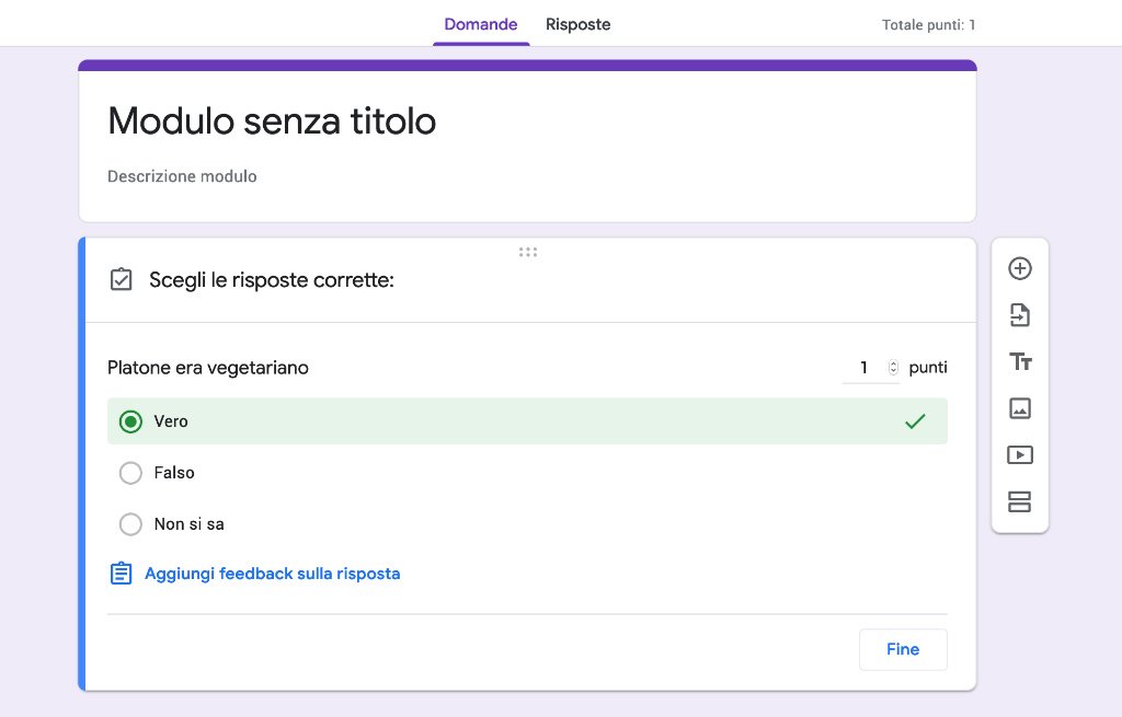 Un'interfaccia di quiz online che mostra una domanda in italiano sul fatto se Platone fosse vegetariano, con l'opzione "falso" selezionata e indicata come corretta.