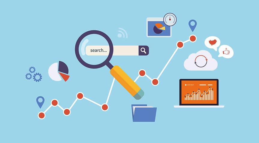 Analisi del marketing digitale e concetto seo con grafici e lente d'ingrandimento.