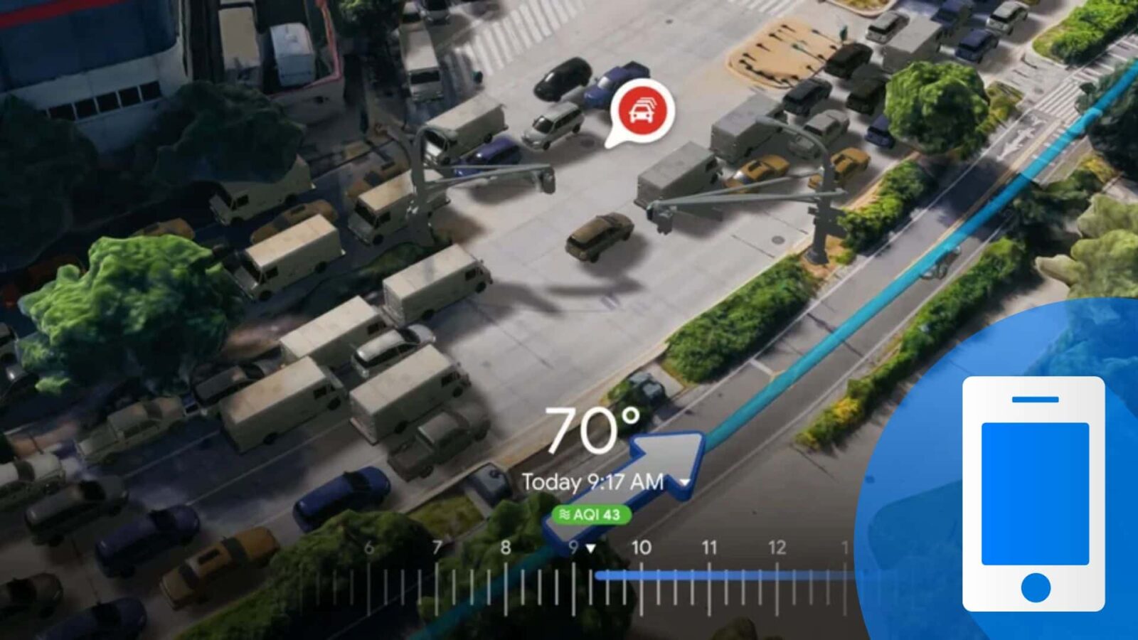 Vista aerea dell'interfaccia di uno smartphone che mostra un'app meteo che indica una temperatura di 70 gradi, con una rappresentazione grafica di automobili ed edifici sullo sfondo.