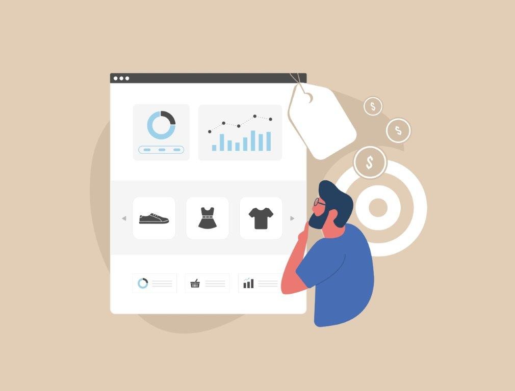 Illustrazione di una persona che analizza i dati su un dashboard in cui sono visualizzati grafici, diagrammi e informazioni sul prodotto.
