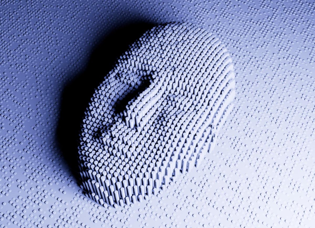 Rendering 3d di un volto umano formato da una serie di spilli cilindrici che creano un'impressione di pin art, con una combinazione di colori blu monocromatica.