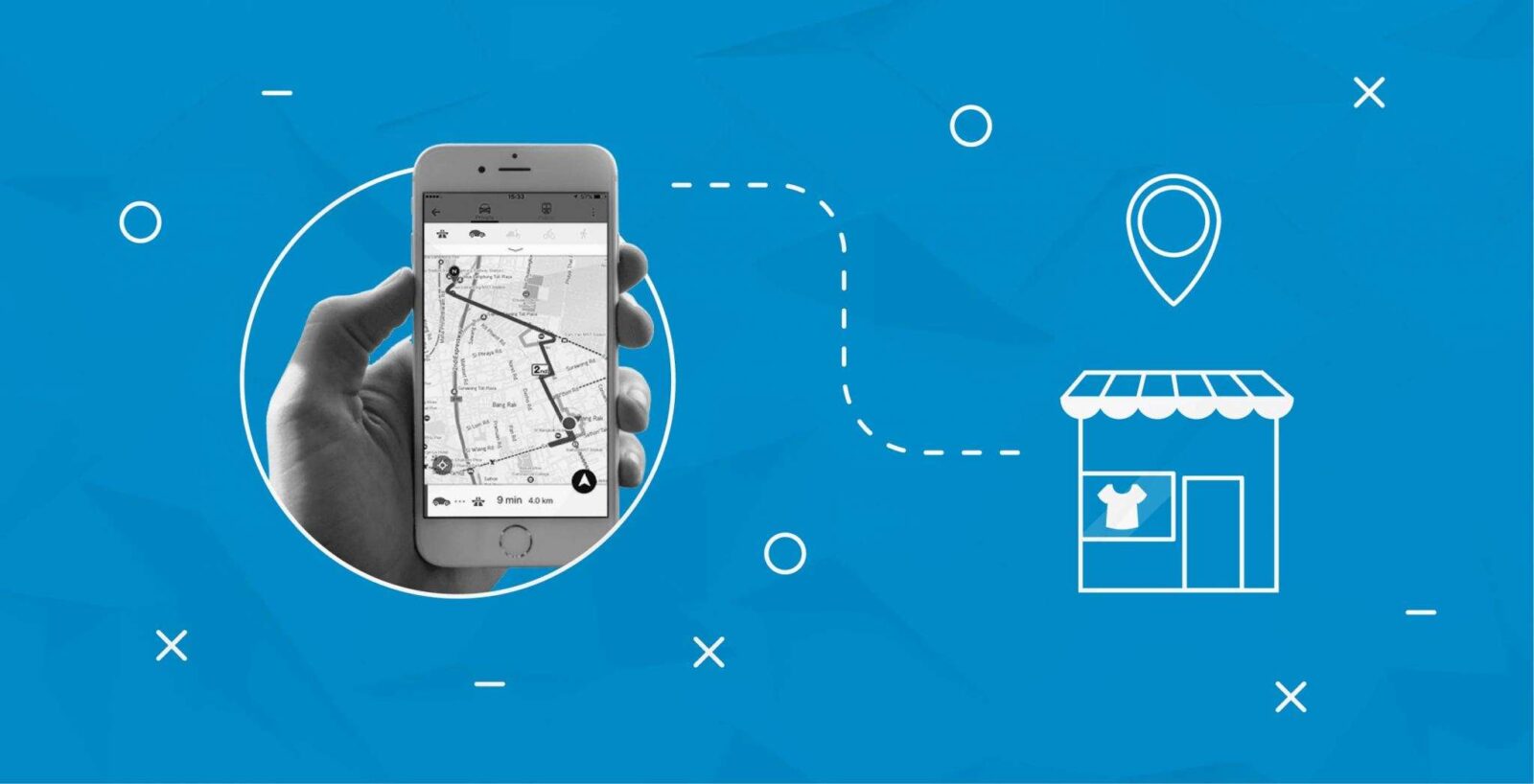 Mano che tiene uno smartphone su cui è visualizzata un'applicazione Google Maps con linee direzionali, su uno sfondo blu stilizzato con icone astratte e l'illustrazione di un negozio.