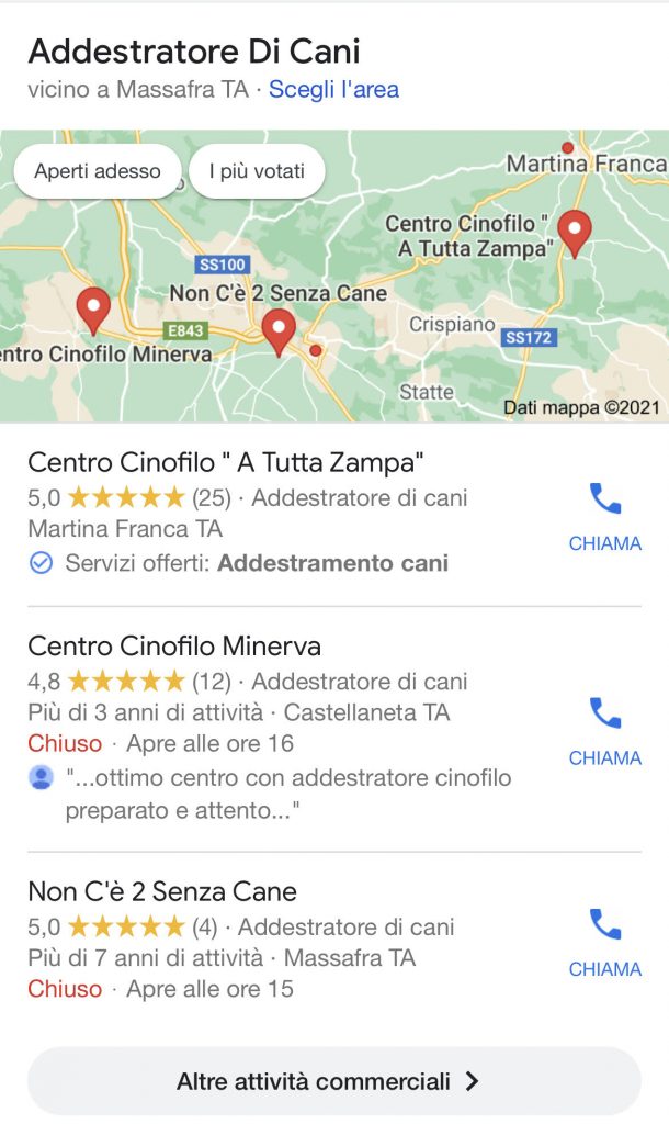 Visualizzazione mappa con più centri di addestramento cinofili in un'area specifica, con valutazioni degli utenti visibili.