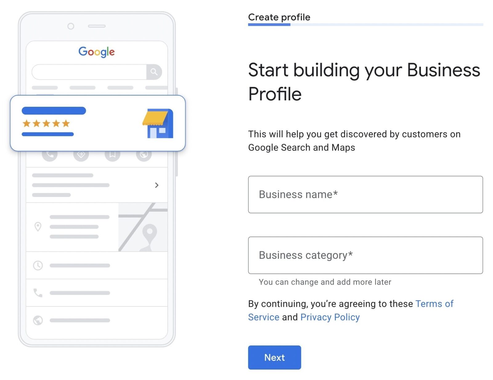 Telefono cellulare su cui è visualizzata l'interfaccia di Google per la creazione di un profilo aziendale con recensione a cinque stelle e uno schermo desktop con i passaggi "crea il tuo profilo aziendale" su Google.