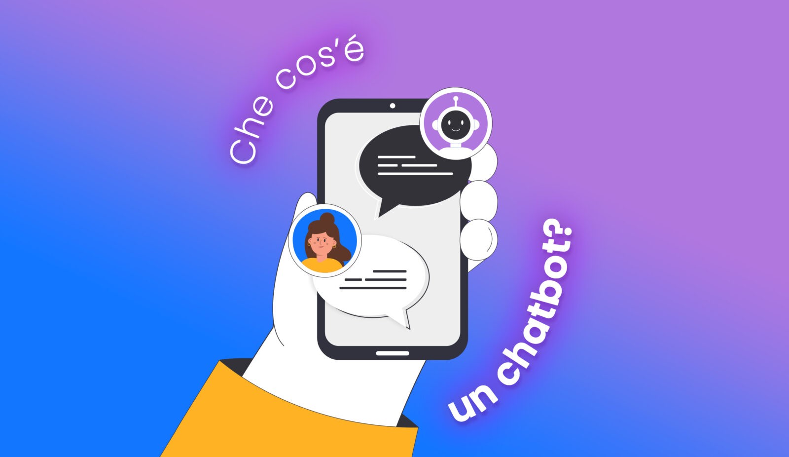 Illustrazione che evidenzia il concetto di chatbot, raffigurante una mano che regge uno smartphone con interfaccia chatbot e la frase in italiano "che cos'è un chatbot?" che si traduce in "cos'è un chatbot?" in inglese.