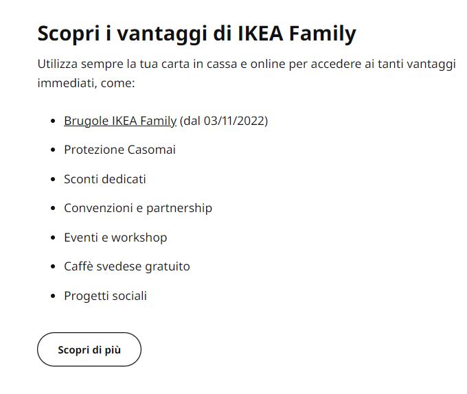 Elenco dei vantaggi della carta famiglia IKEA, inclusi sconti, offerte esclusive e coinvolgimento in progetti sociali.